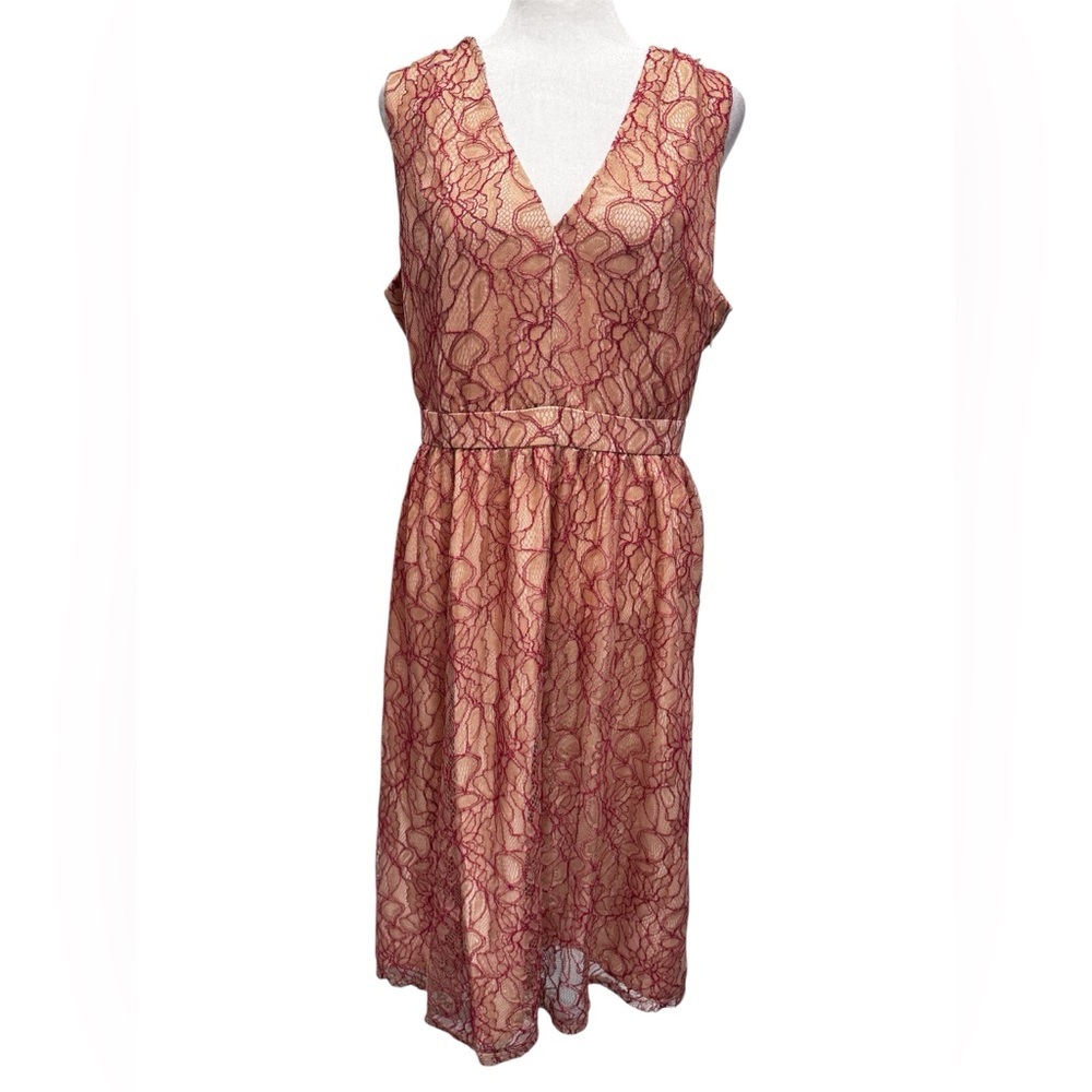 Nude/Red Dress Stitched Floral Lace Overlay Sleeveless High Waist by Lace & Mesh